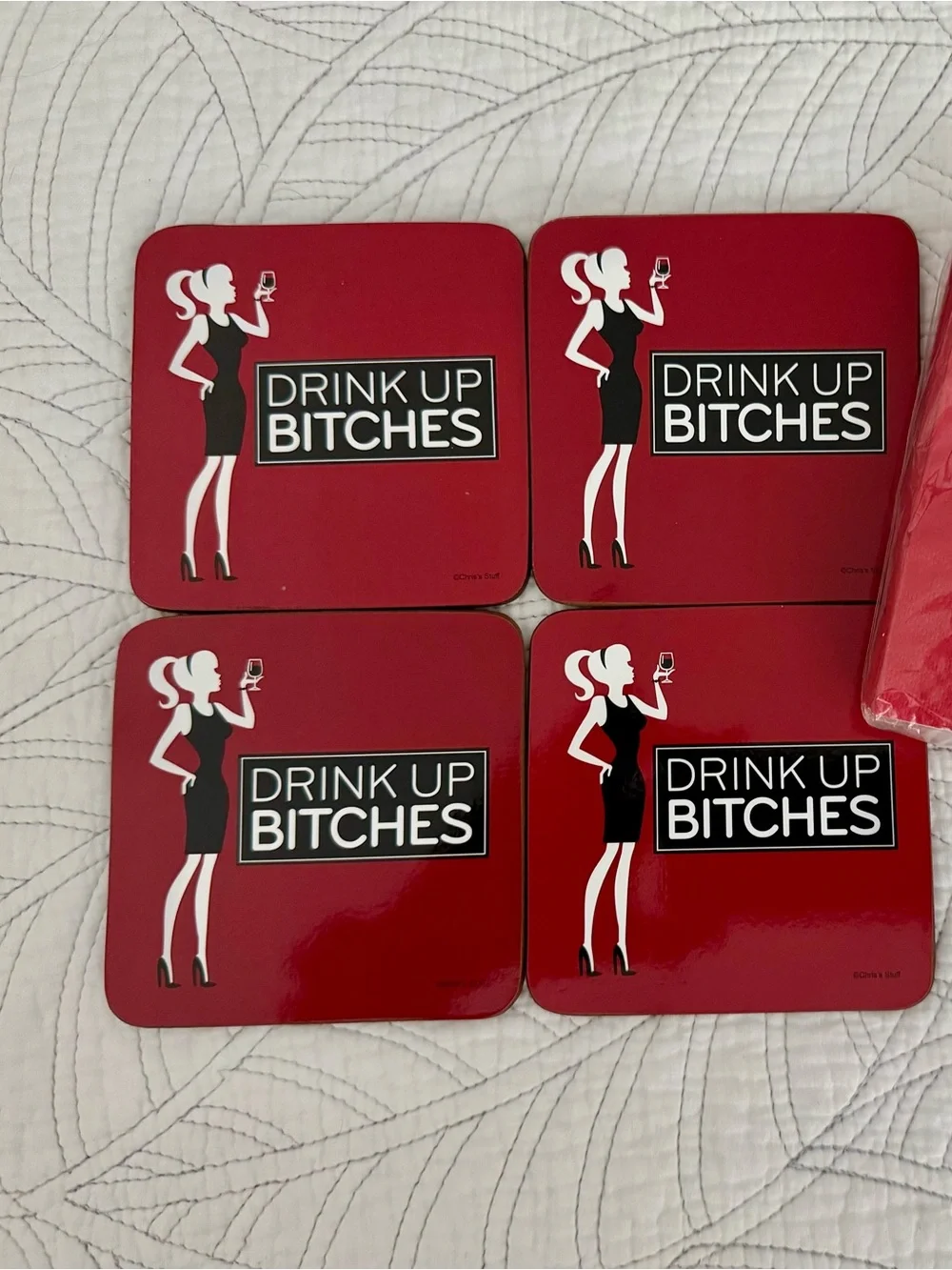 Red 'Drink Up Bitches' Party Coaster & Napkin Set